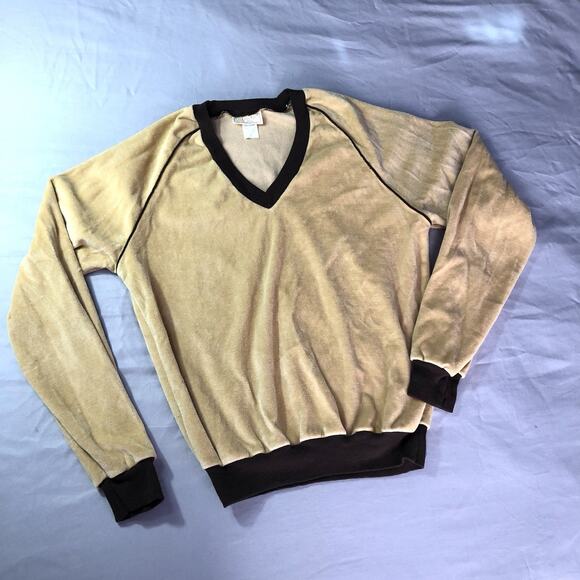 Vintage 1970s Velour Top Kids Size Medium Cream V Neck Long Sleeve Shirt Retro - Picture 1 of 9